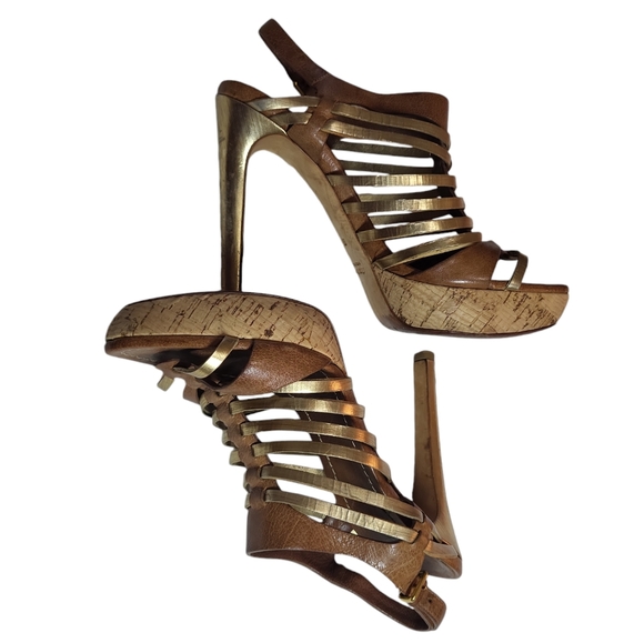 Miu Miu Platform Strappy Brown/ Gold Heels Sandals 39/8.5 Authentic leather - Picture 7 of 16